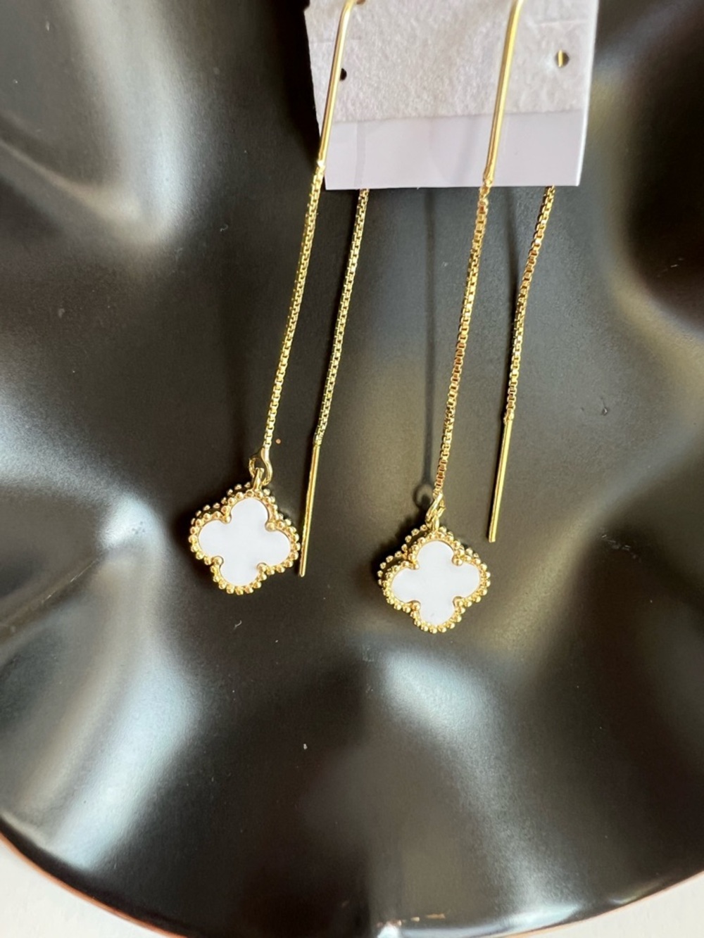 14k Gold Plated White Clover Drop Threader Earrings